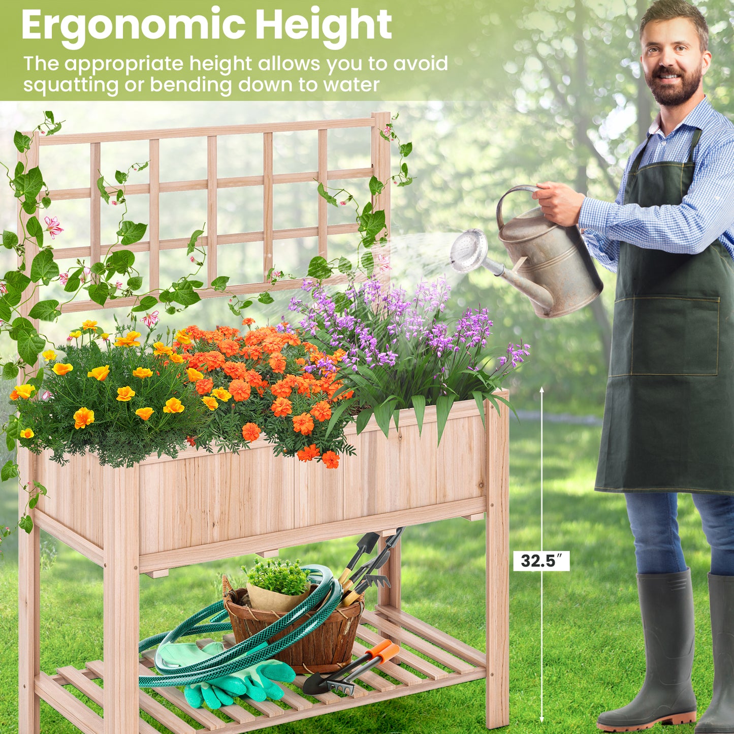 Raised Garden Bed Elevated Wooden Planter Box with Trellis