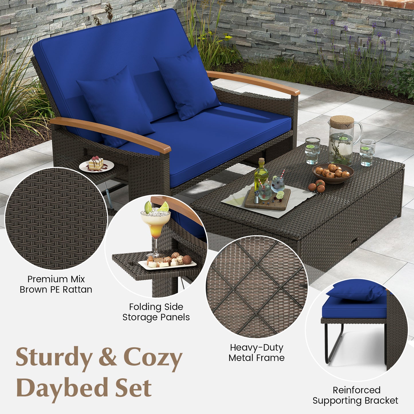 Outdoor Wicker Daybed with Folding Panels and Storage Ottoman-Navy