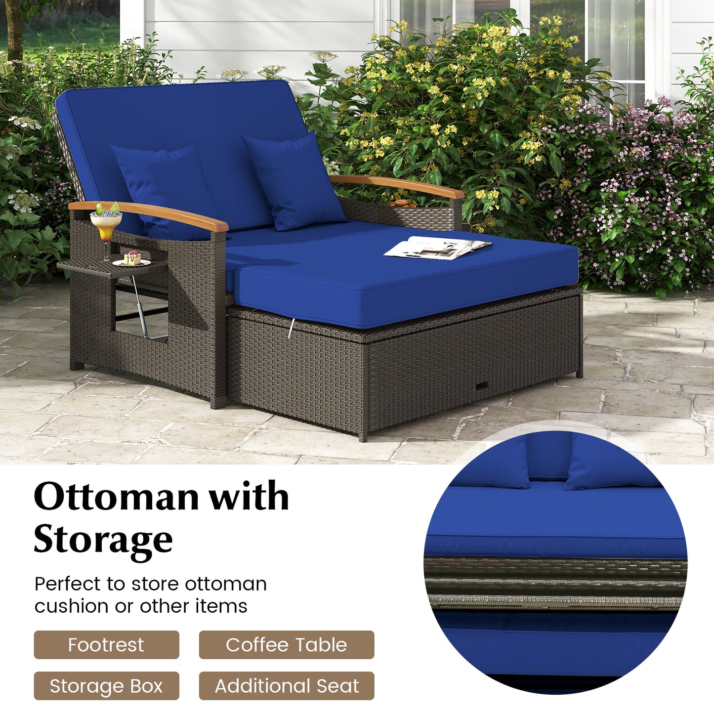 Outdoor Wicker Daybed with Folding Panels and Storage Ottoman-Navy
