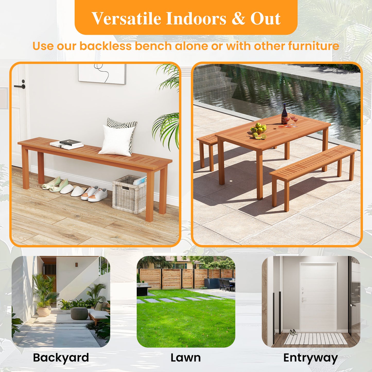 Outdoor 59 Inch Long Patio Dining Backless Wooden Bench with Teak Oil Finish