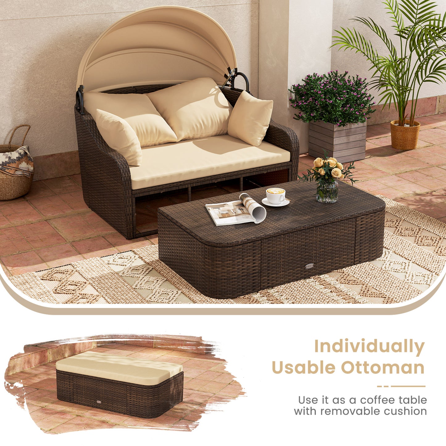 Patio PE Rattan Daybed with Retractable Canopy and Soft Cushions-Beige