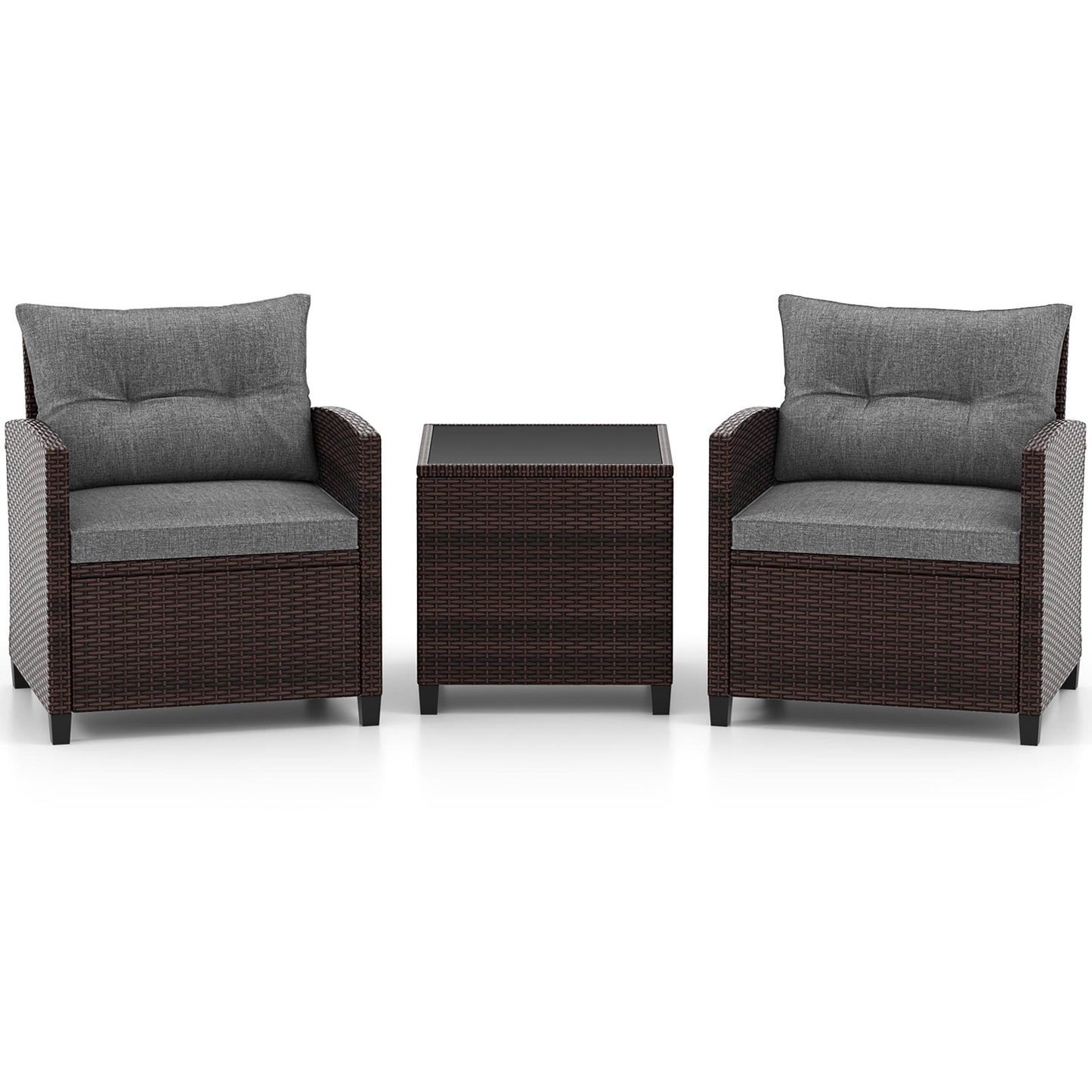 3 Pieces Rattan Patio Furniture Set with Washable Cushion-Gray