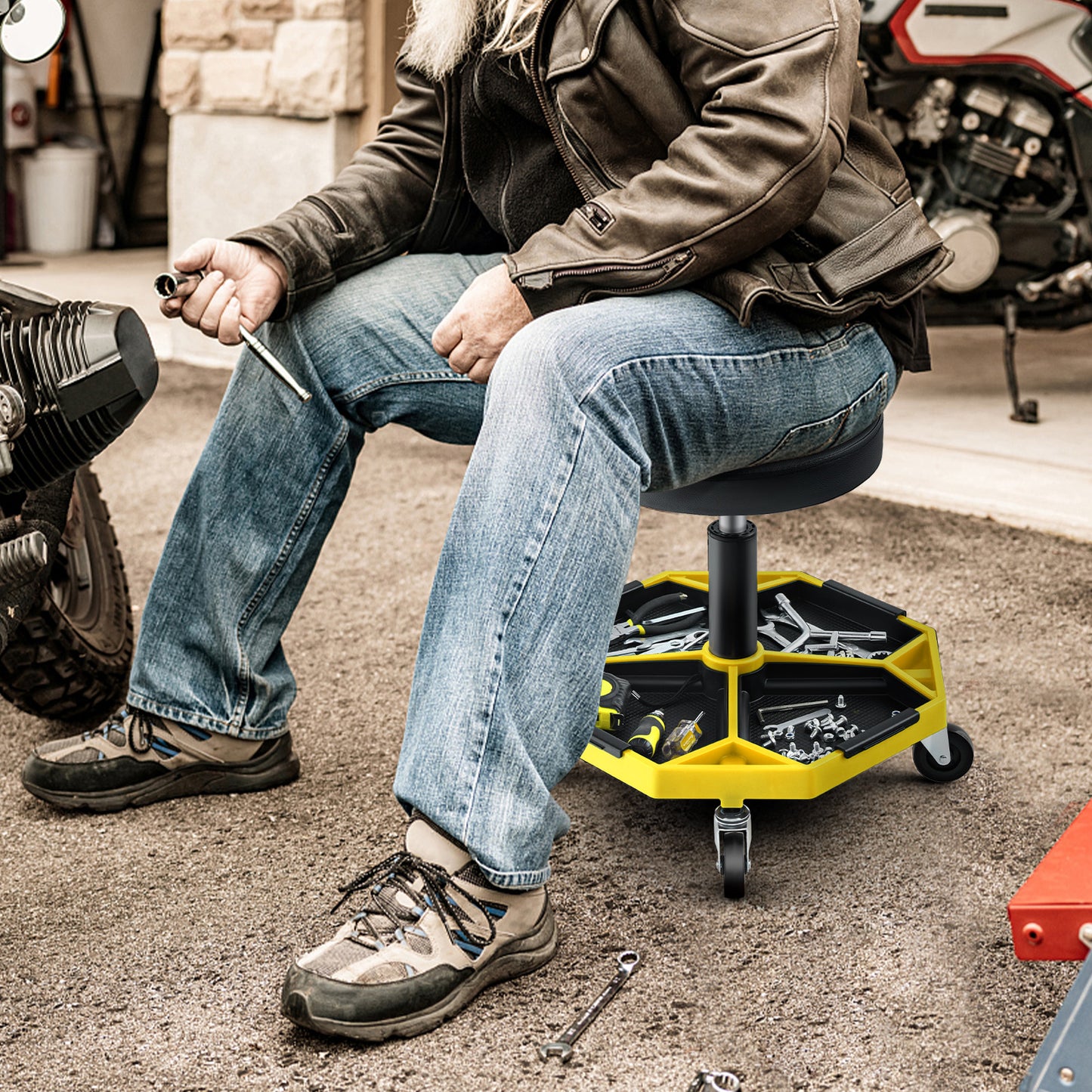 330 LBS Capacity Pneumatic Rolling Mechanic Stool with Padded Seat-Yellow