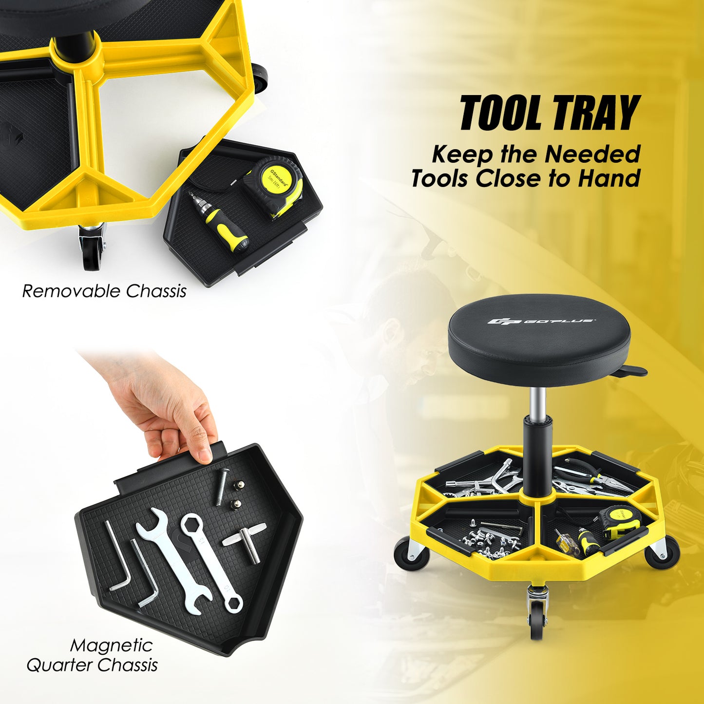 330 LBS Capacity Pneumatic Rolling Mechanic Stool with Padded Seat-Yellow