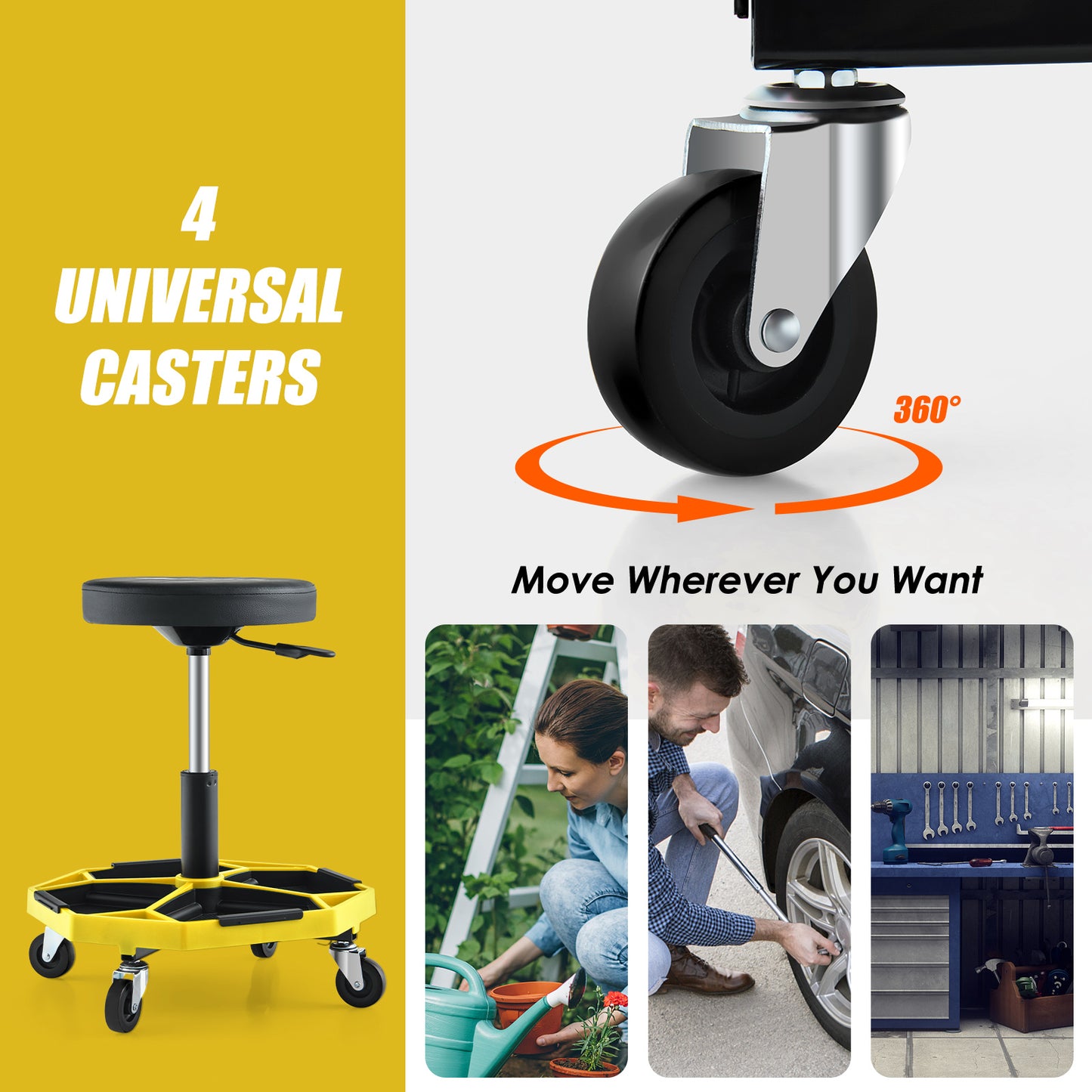 330 LBS Capacity Pneumatic Rolling Mechanic Stool with Padded Seat-Yellow