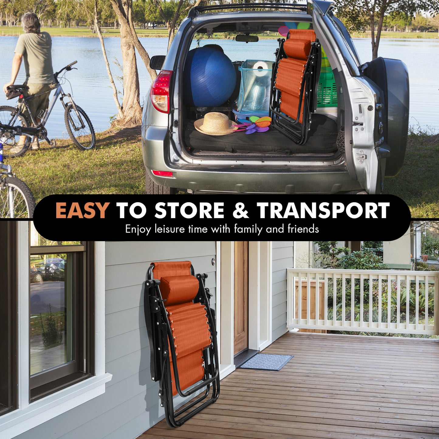 2 Pieces Folding Lounge Chair with Zero Gravity-Orange