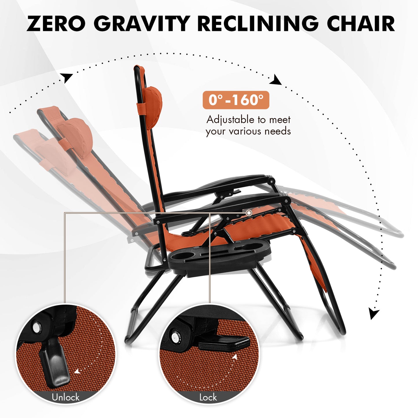 Outdoor Folding Zero Gravity Reclining Lounge Chair with Utility Tray-Orange