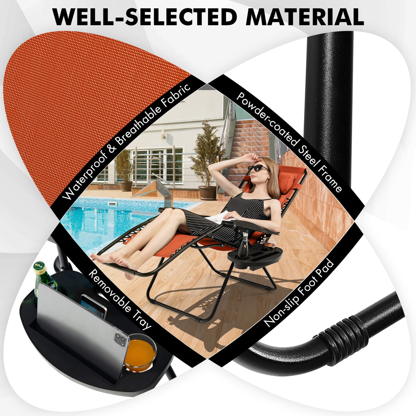 Outdoor Folding Zero Gravity Reclining Lounge Chair with Utility Tray-Orange