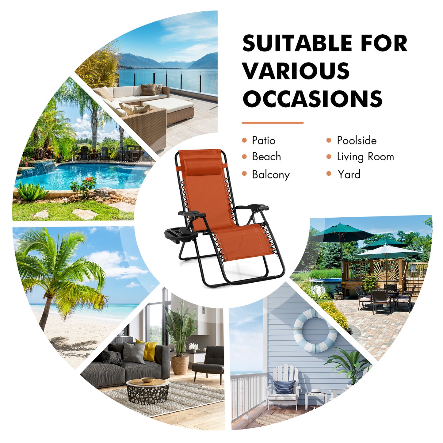 Outdoor Folding Zero Gravity Reclining Lounge Chair with Utility Tray-Orange
