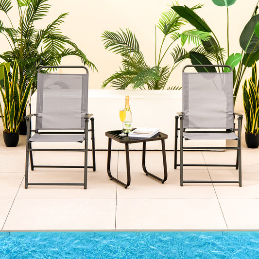 Set of 2 Outdoor Folding Sling Chairs with Armrest and Backrest-Gray