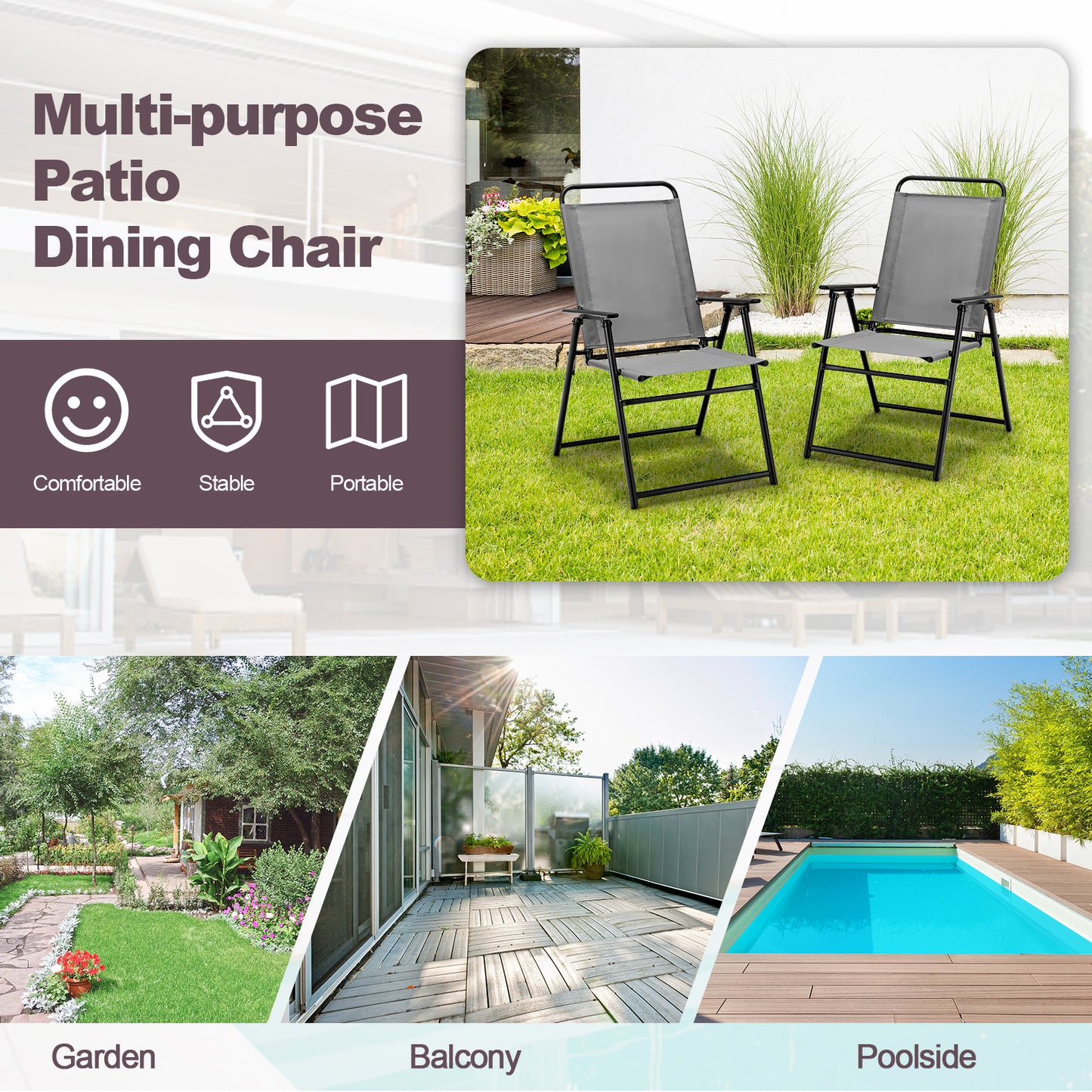 Outdoor Folding Sling Chairs Set of 4 with Armrest and Backrest-Gray
