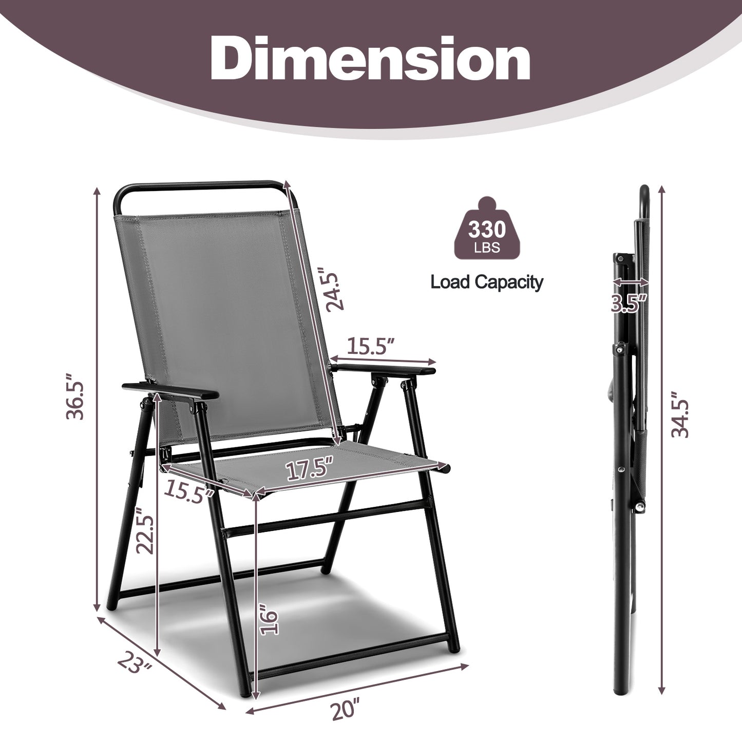 Outdoor Folding Sling Chairs Set of 4 with Armrest and Backrest-Gray