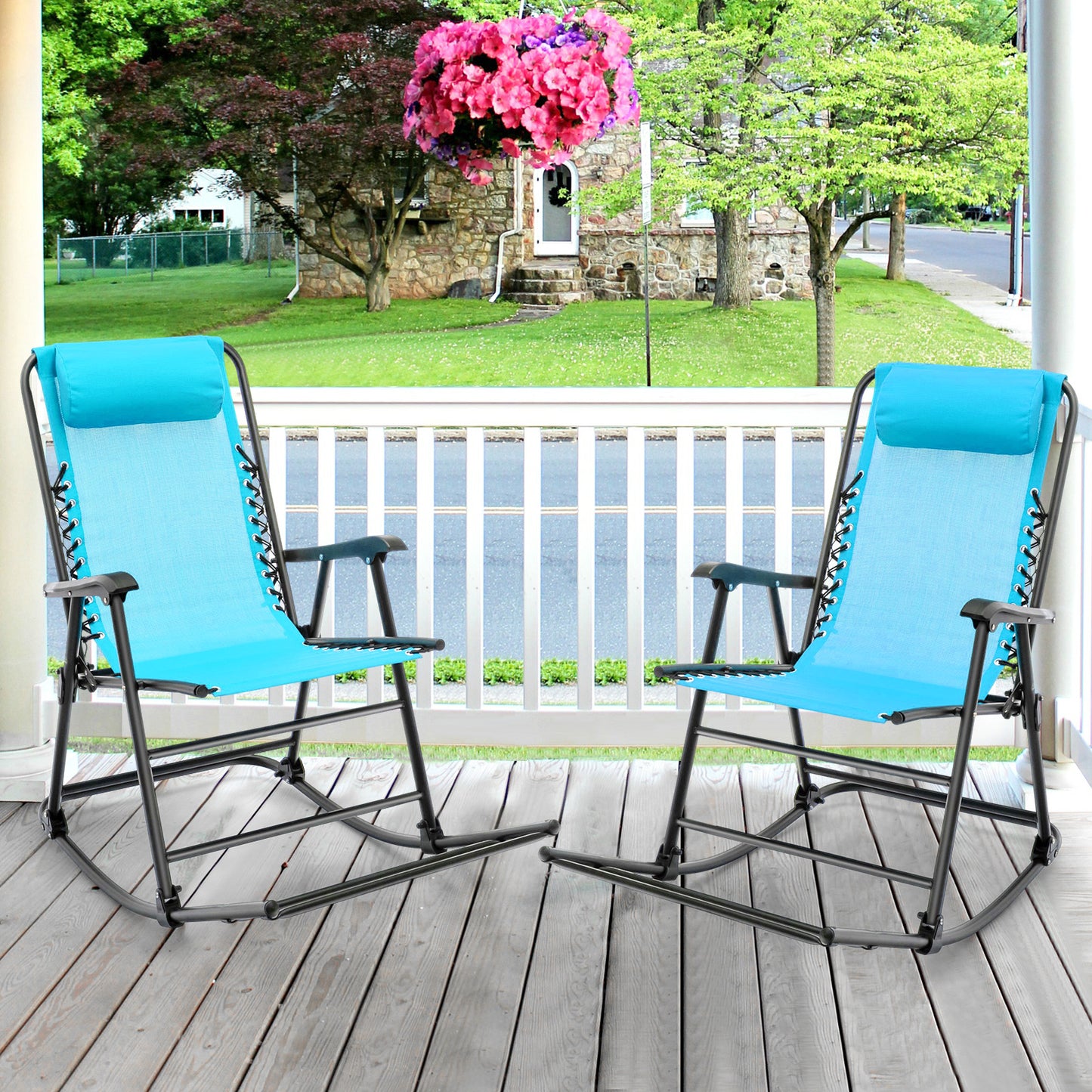 Outdoor Patio Headrest Folding Zero Gravity Rocking Chair-Turquoise