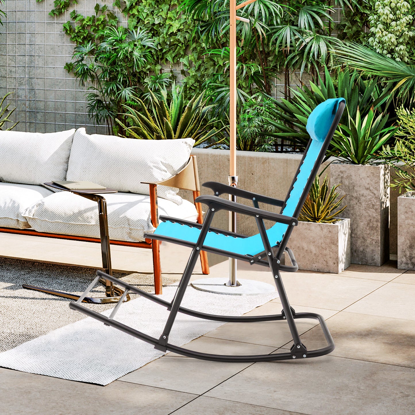 Outdoor Patio Headrest Folding Zero Gravity Rocking Chair-Turquoise