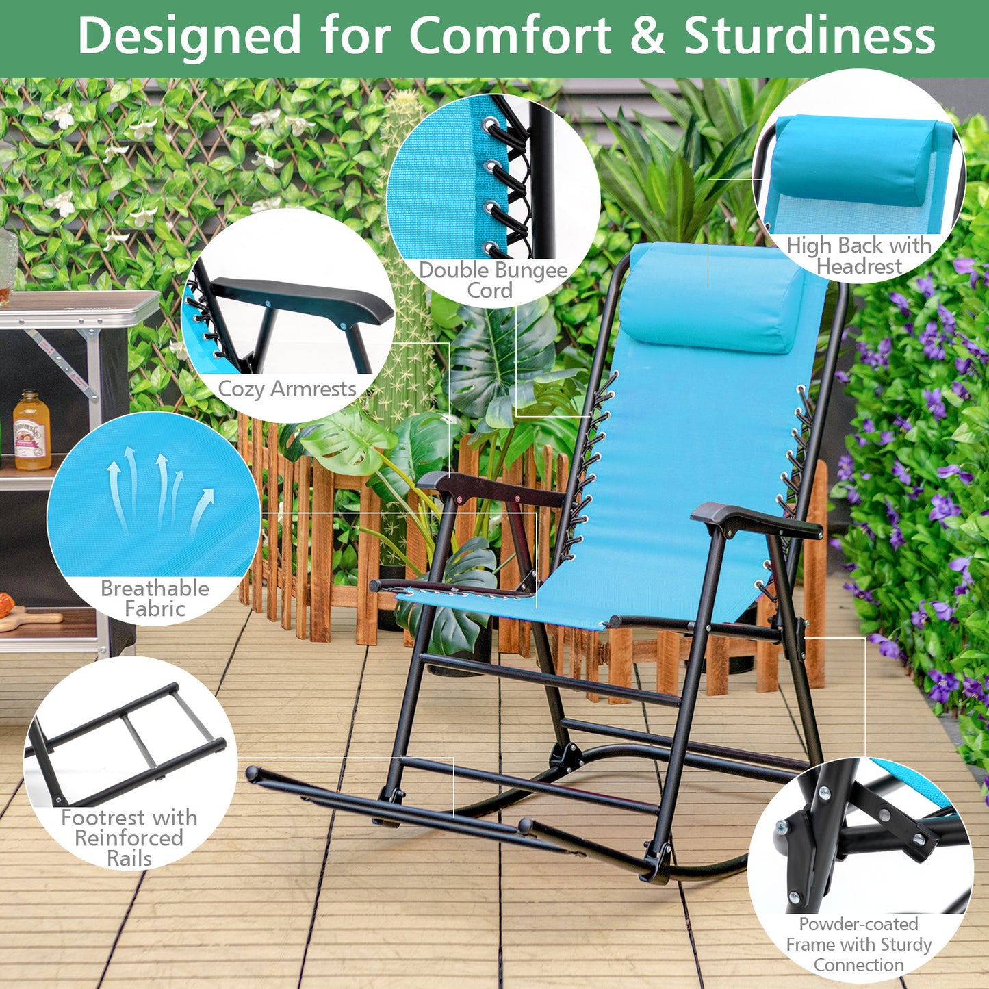 Outdoor Patio Headrest Folding Zero Gravity Rocking Chair-Turquoise