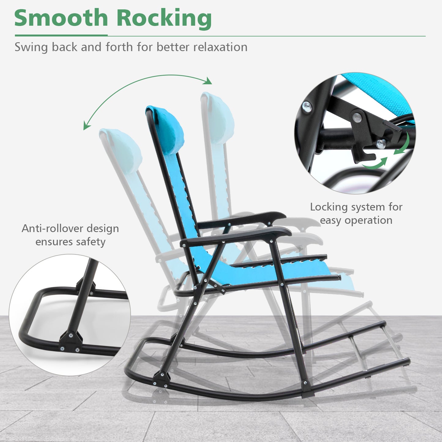 Outdoor Patio Headrest Folding Zero Gravity Rocking Chair-Turquoise