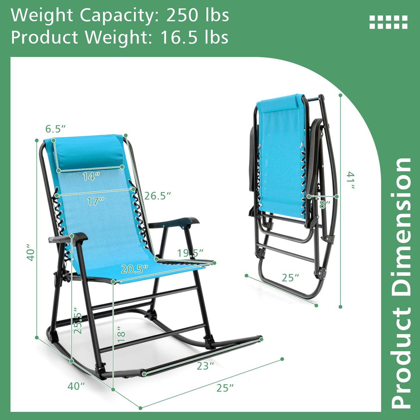 Outdoor Patio Headrest Folding Zero Gravity Rocking Chair-Turquoise