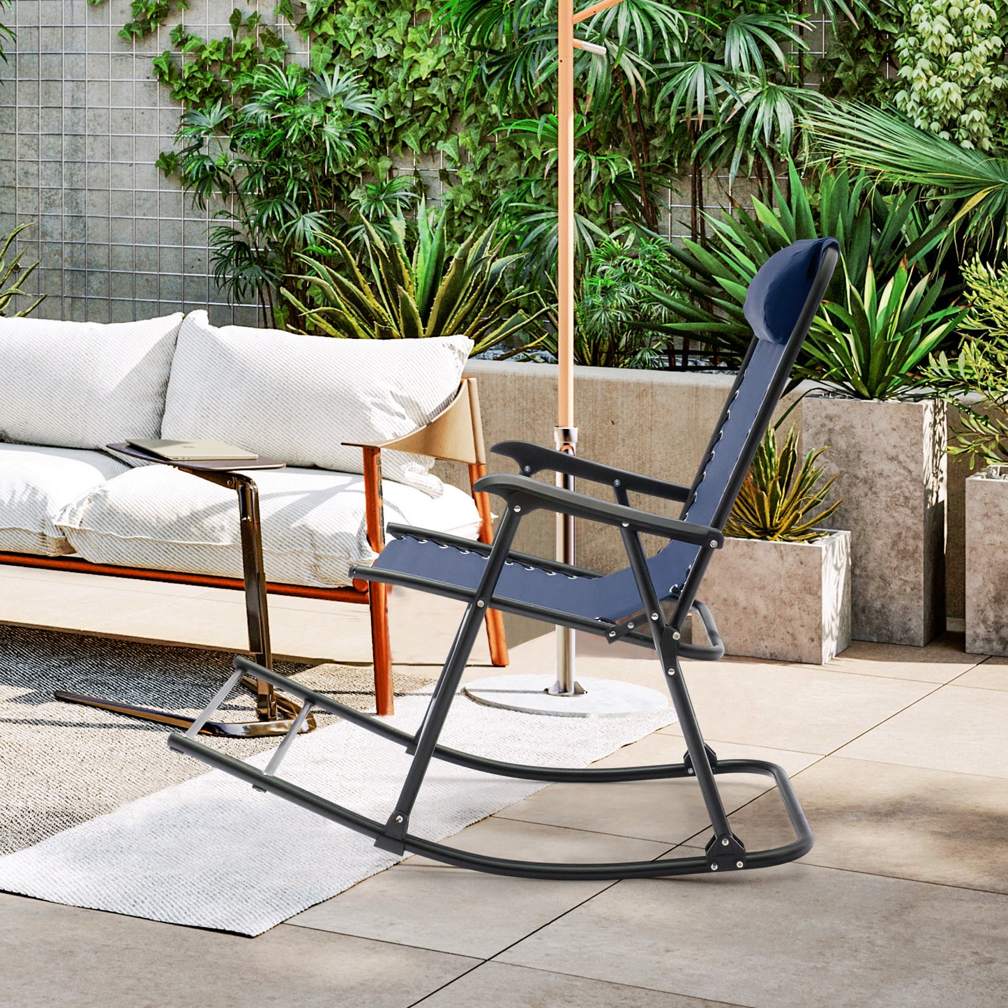 Outdoor Patio Headrest Folding Zero Gravity Rocking Chair-Blue