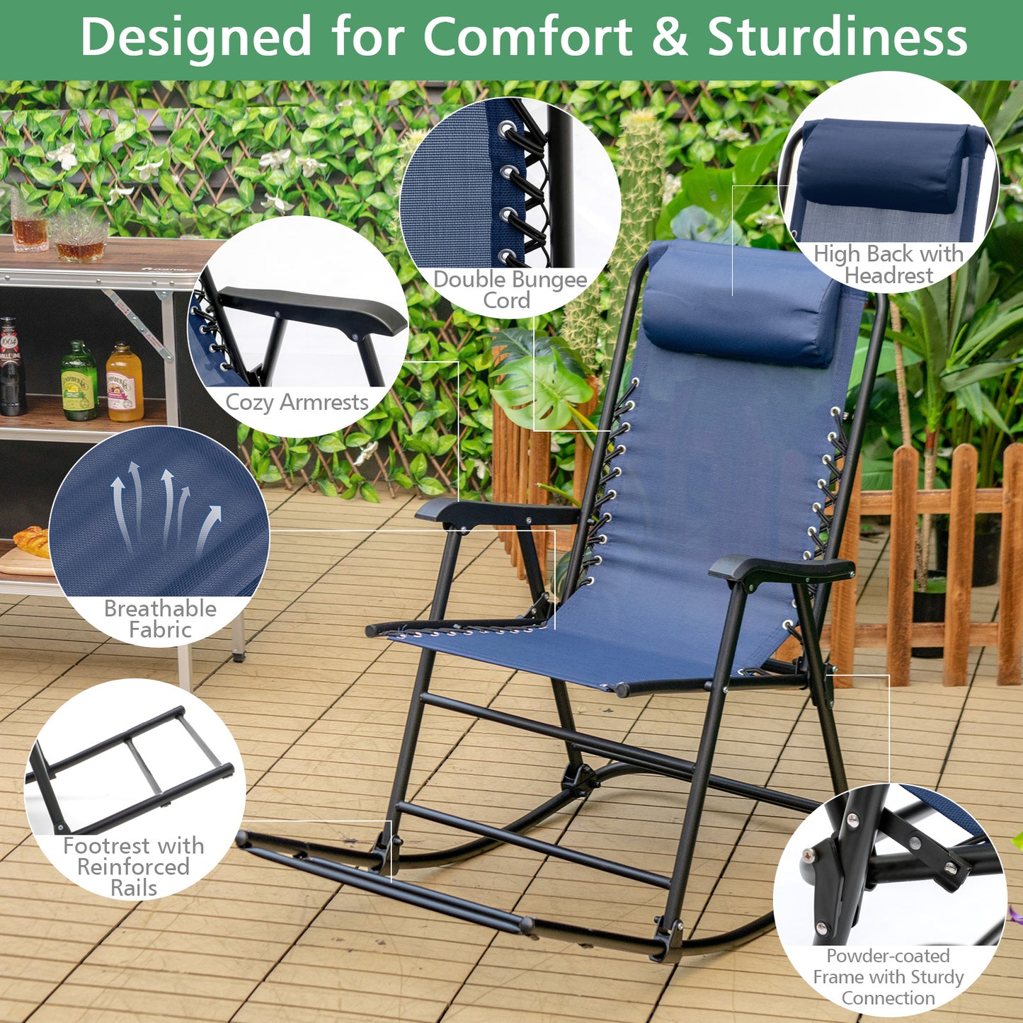 Outdoor Patio Headrest Folding Zero Gravity Rocking Chair-Blue