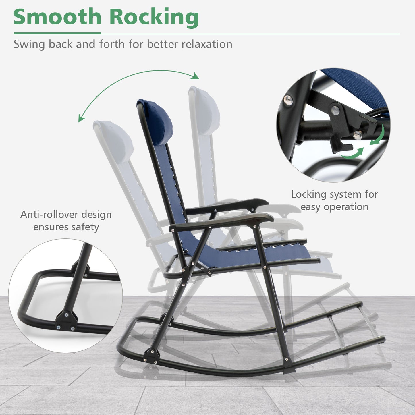 Outdoor Patio Headrest Folding Zero Gravity Rocking Chair-Blue