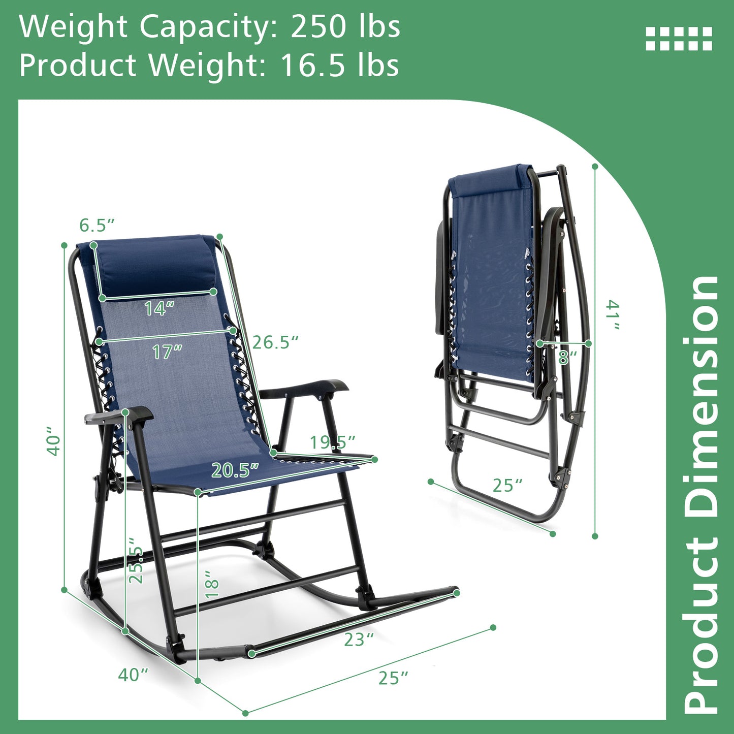 Outdoor Patio Headrest Folding Zero Gravity Rocking Chair-Blue