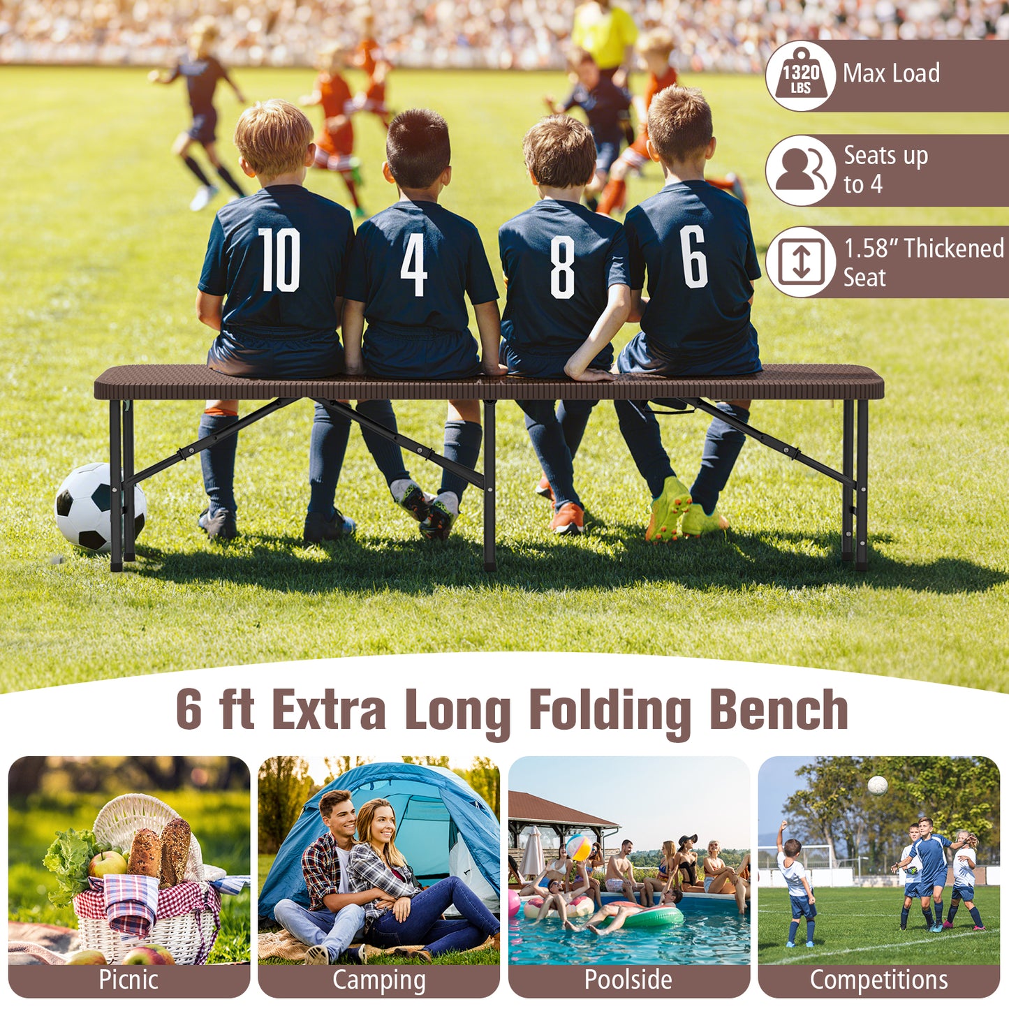 6 ft Plastic Folding Bench with 1320 LBS Capacity and Handle-Brown