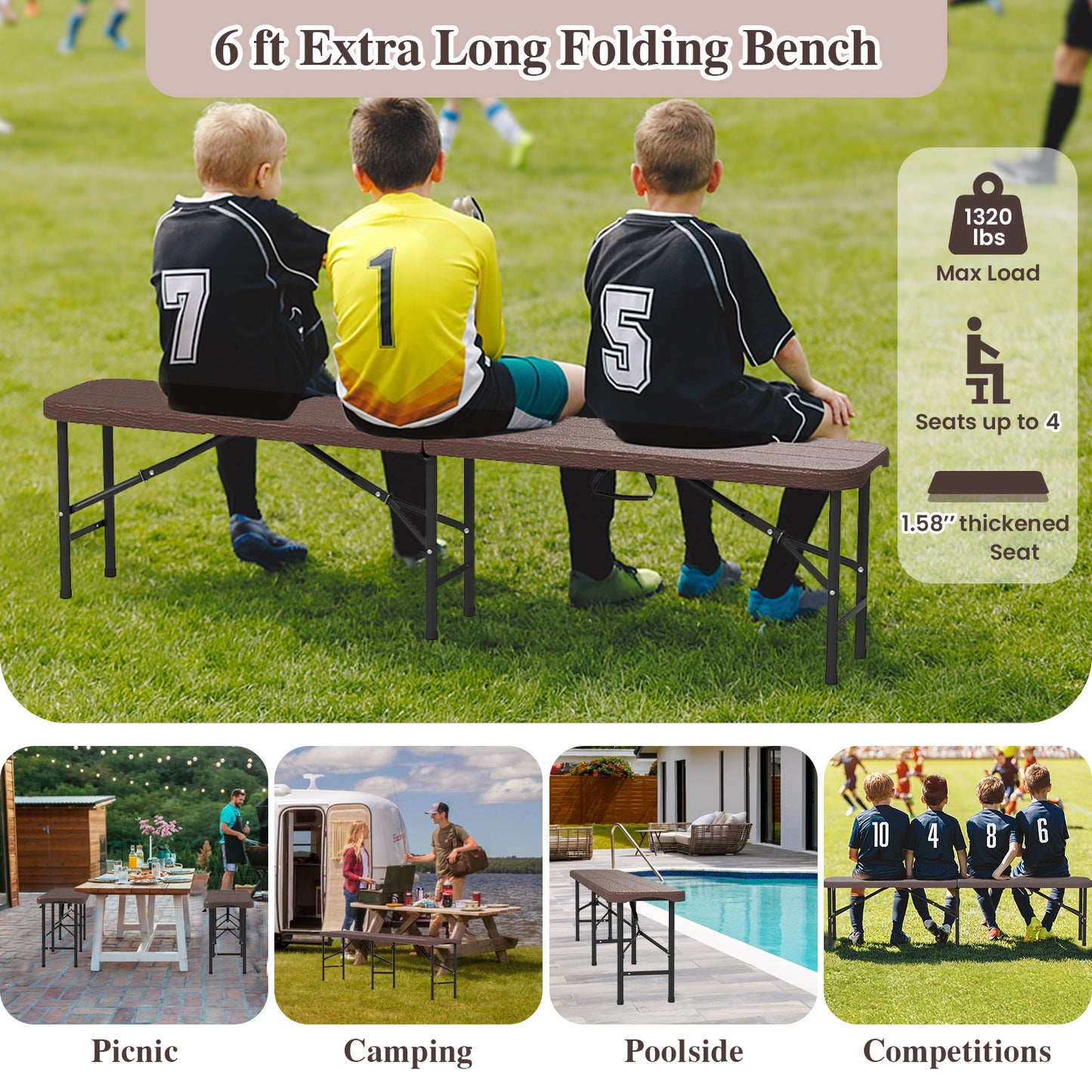 6 Feet Folding HDPE Bench with 1320 LBS Capacity and Handle Lock-Brown
