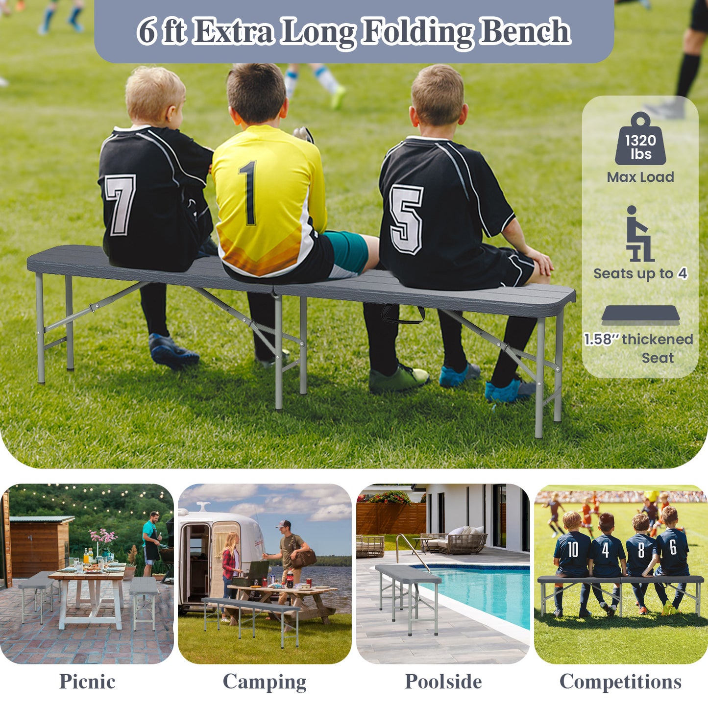 6 Feet Folding HDPE Bench with 1320 LBS Capacity and Handle Lock-Gray