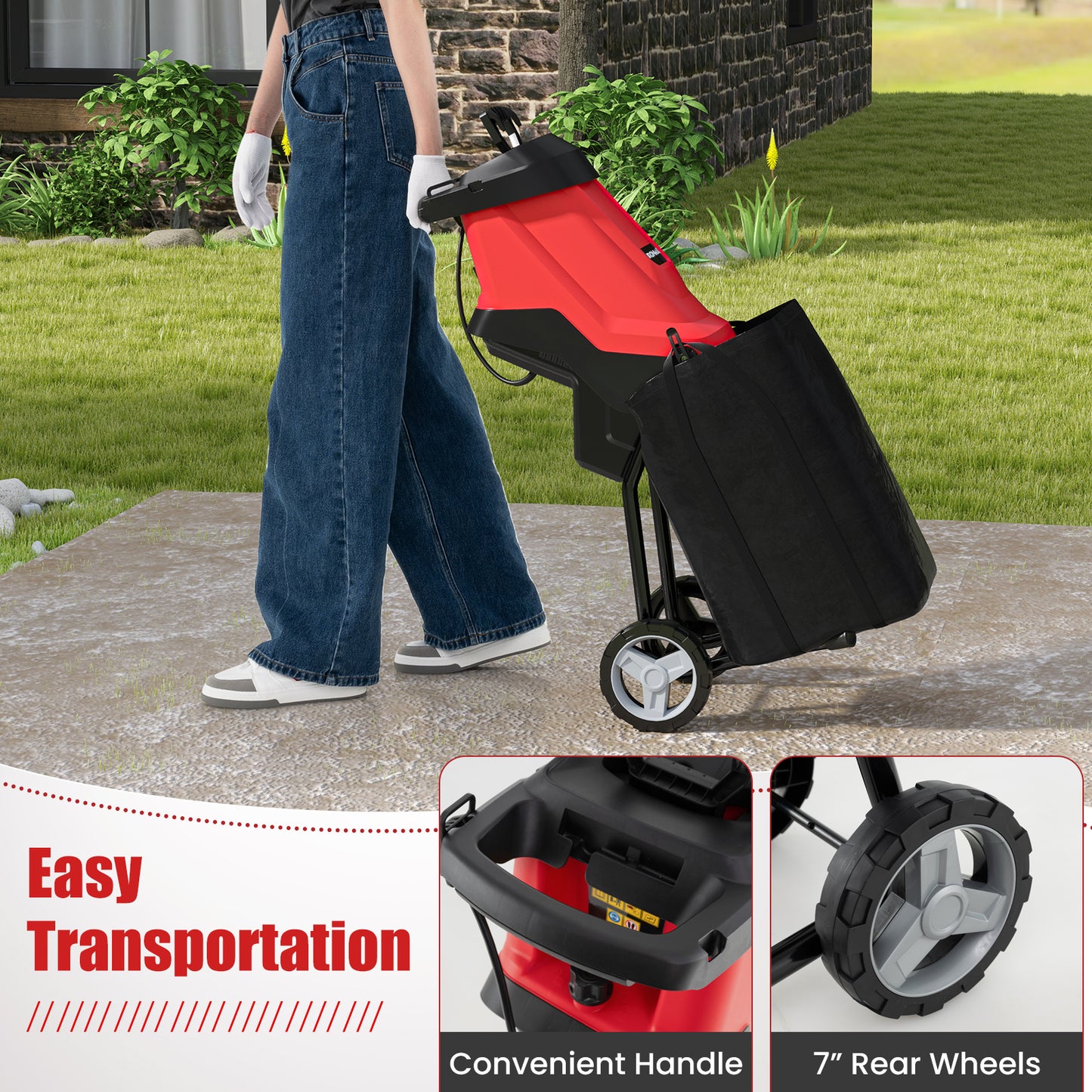 15-AMP Electric Wood Chipper and Shredder Leaf Mulcher with Wheels-Red