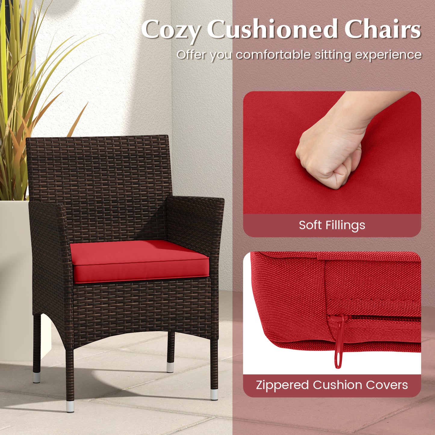 3 Pieces Outdoor Conversation Set with Cushioned Seat and Glass Tabletop-Red