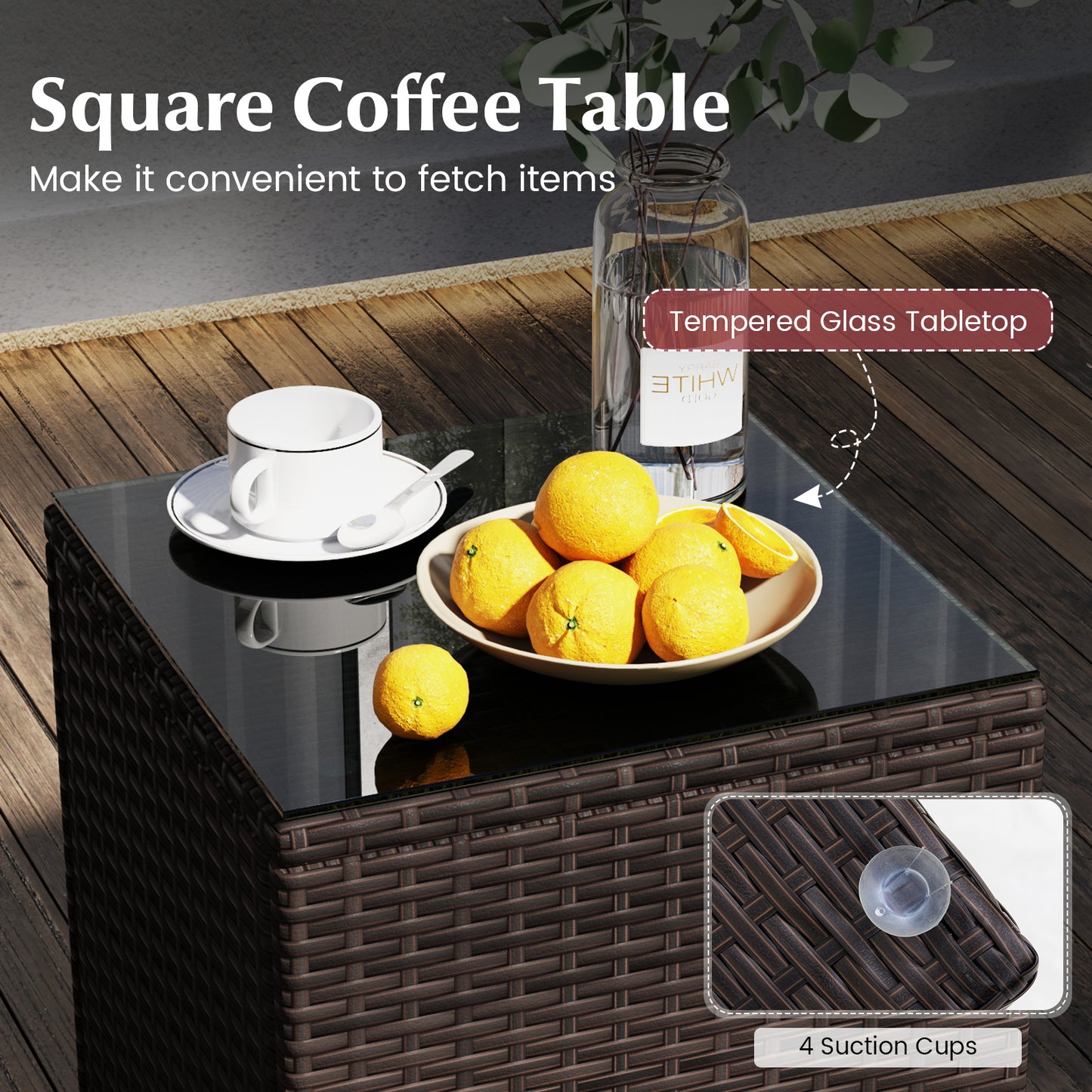 3 Pieces Outdoor Conversation Set with Cushioned Seat and Glass Tabletop-Red