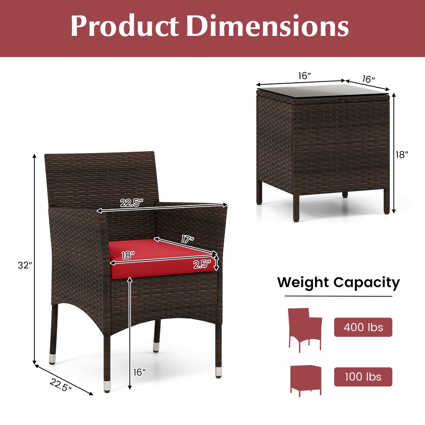 3 Pieces Outdoor Conversation Set with Cushioned Seat and Glass Tabletop-Red