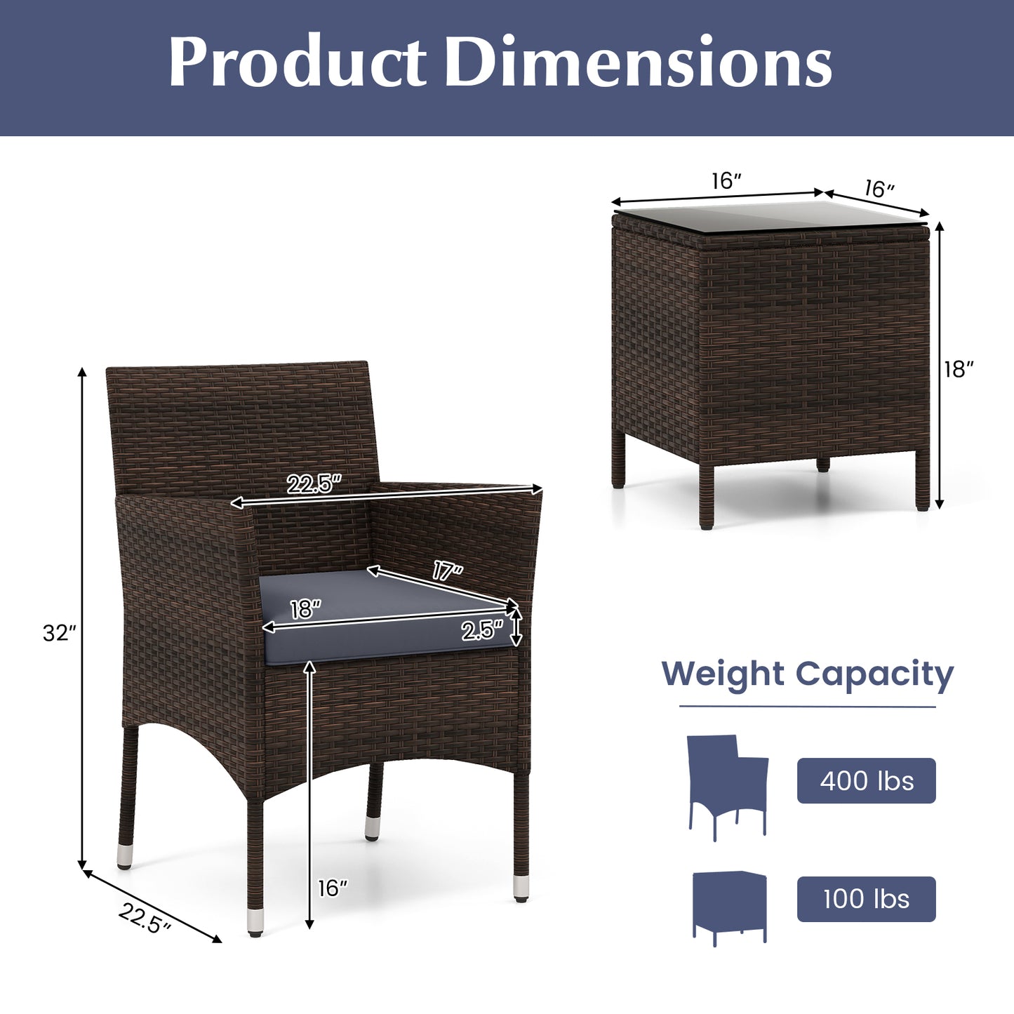 3 Pieces Outdoor Conversation Set with Cushioned Seat and Glass Tabletop-Gray