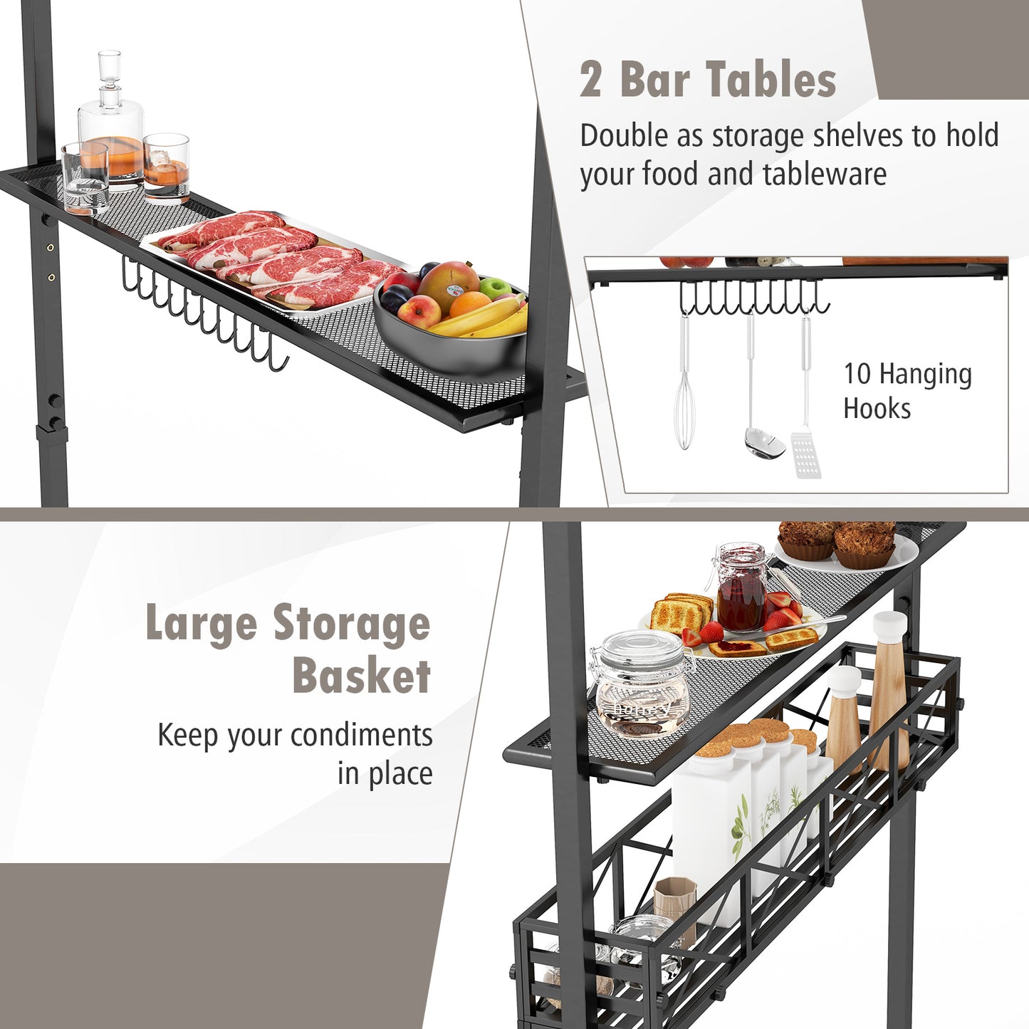 8 x 5 Feet Outdoor Grill Gazebo with 2 Side Shelves and 10 Hooks-Gray
