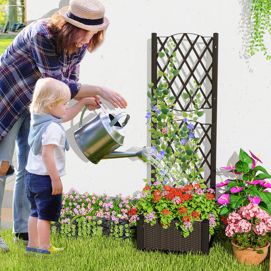Raised Garden Bed with Trellis Planter Box for Climbing Plants-Coffee