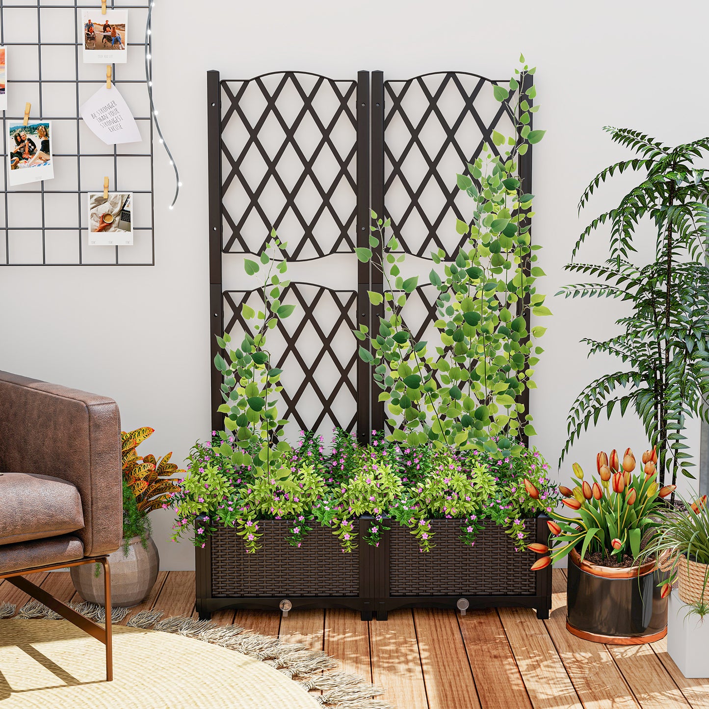 Raised Garden Bed with Trellis for Climbing Plants-Coffee