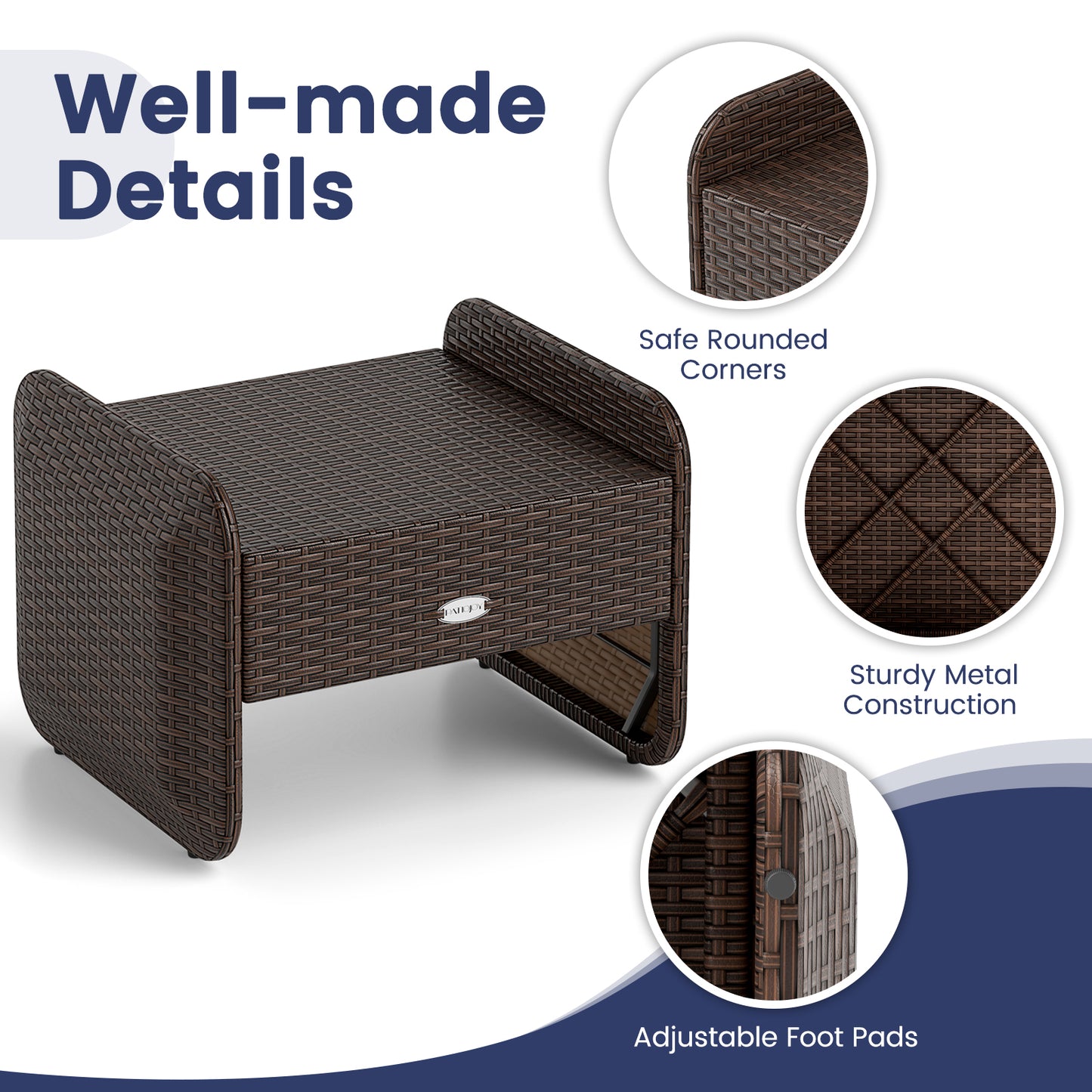 2 Pieces Outdoor Patio PE Wicker Ottomans with Removable Cushions-Navy