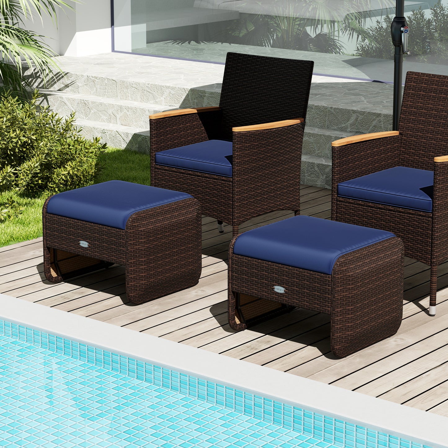 2 Pieces Outdoor Patio PE Wicker Ottomans with Removable Cushions-Navy