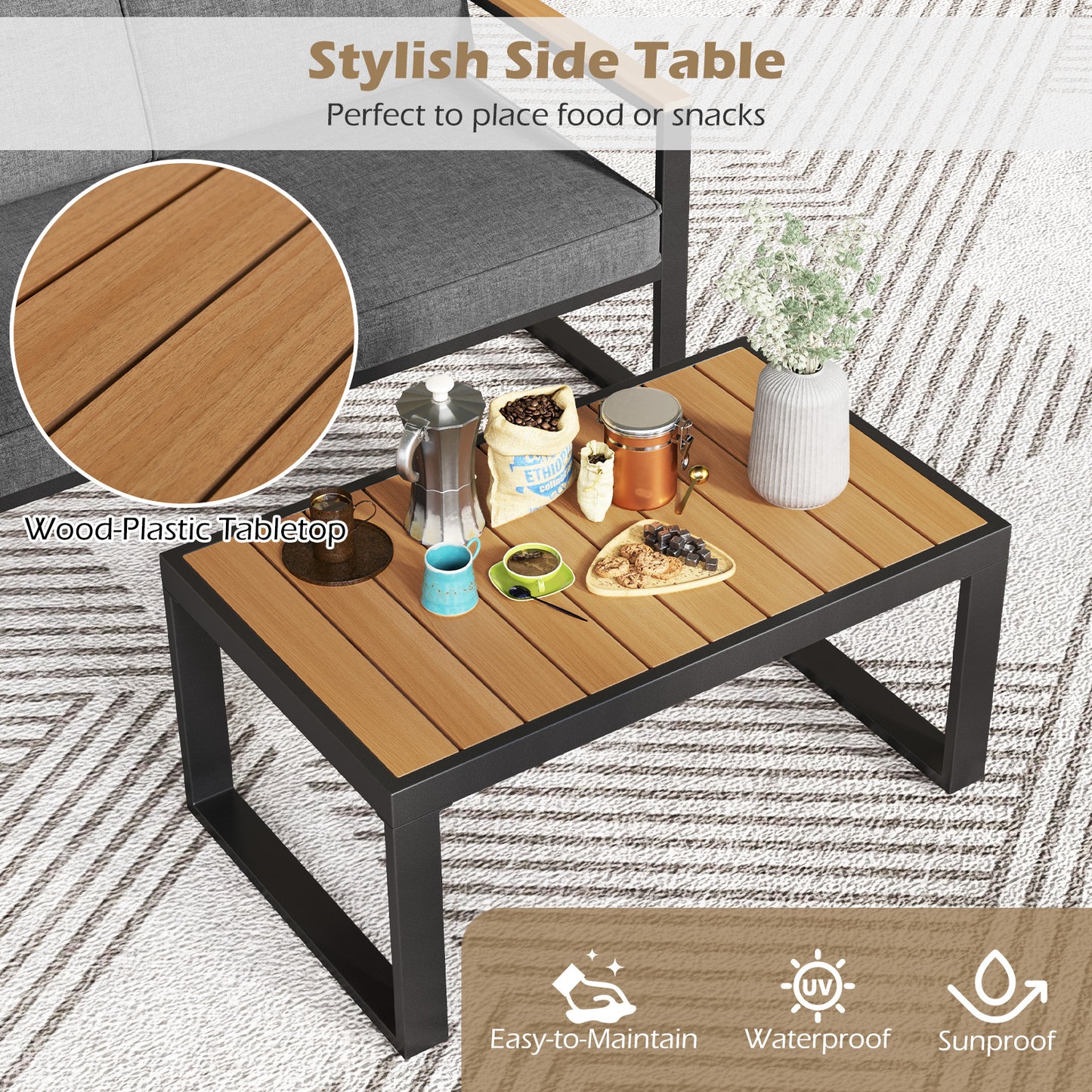 2 Piece Patio Aluminum Furniture Set with Wood-Plastic Armrests and Tabletop-Gray