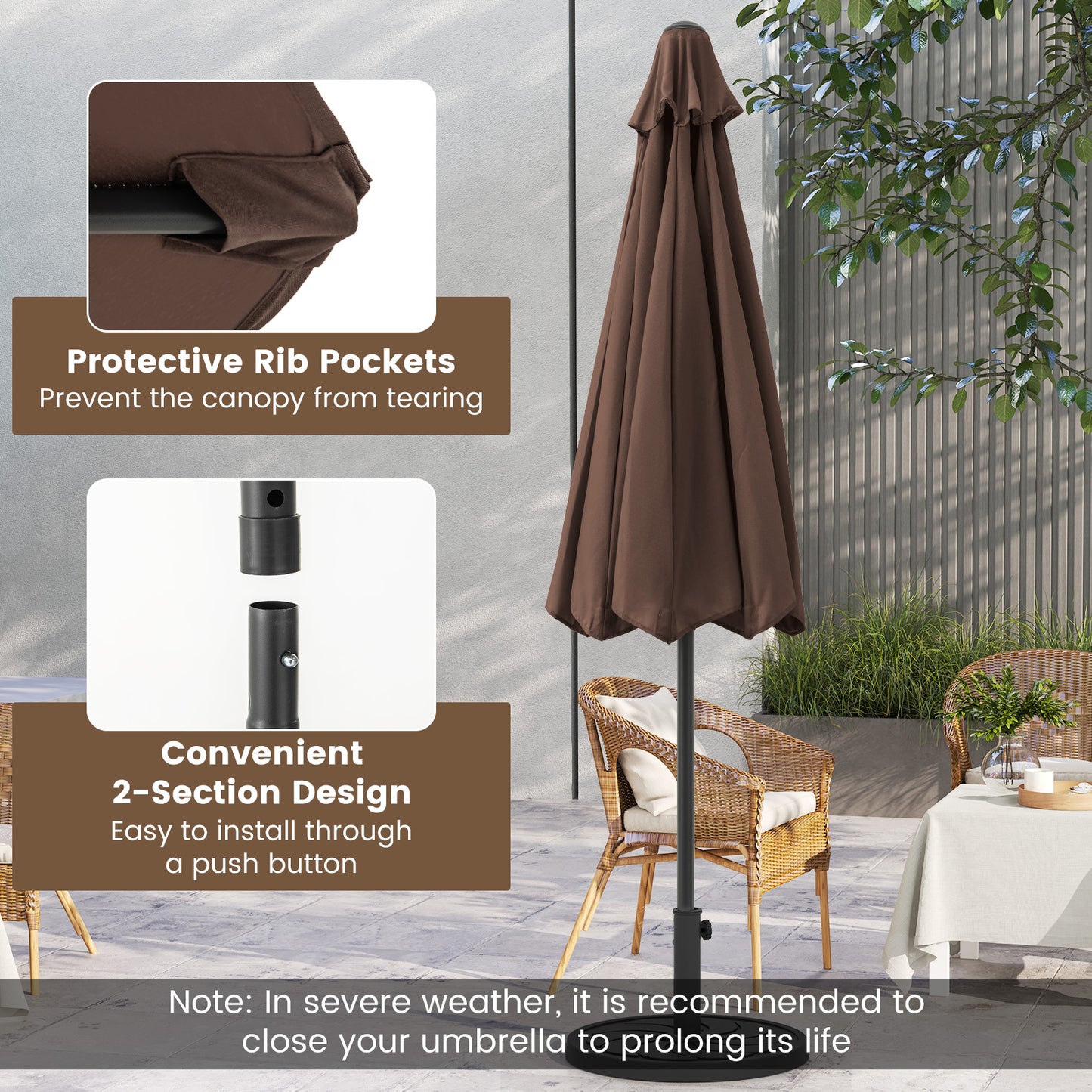 Outdoor Heavy Duty Market Umbrella with Crank Handle and 8 Sturdy Ribs-Brown