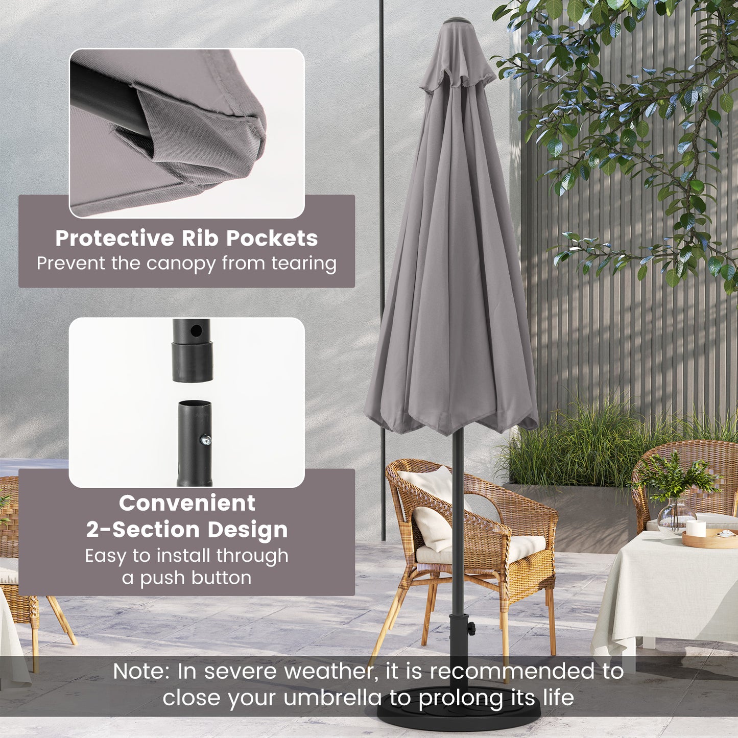 Outdoor Heavy Duty Market Umbrella with Crank Handle and 8 Sturdy Ribs-Gray