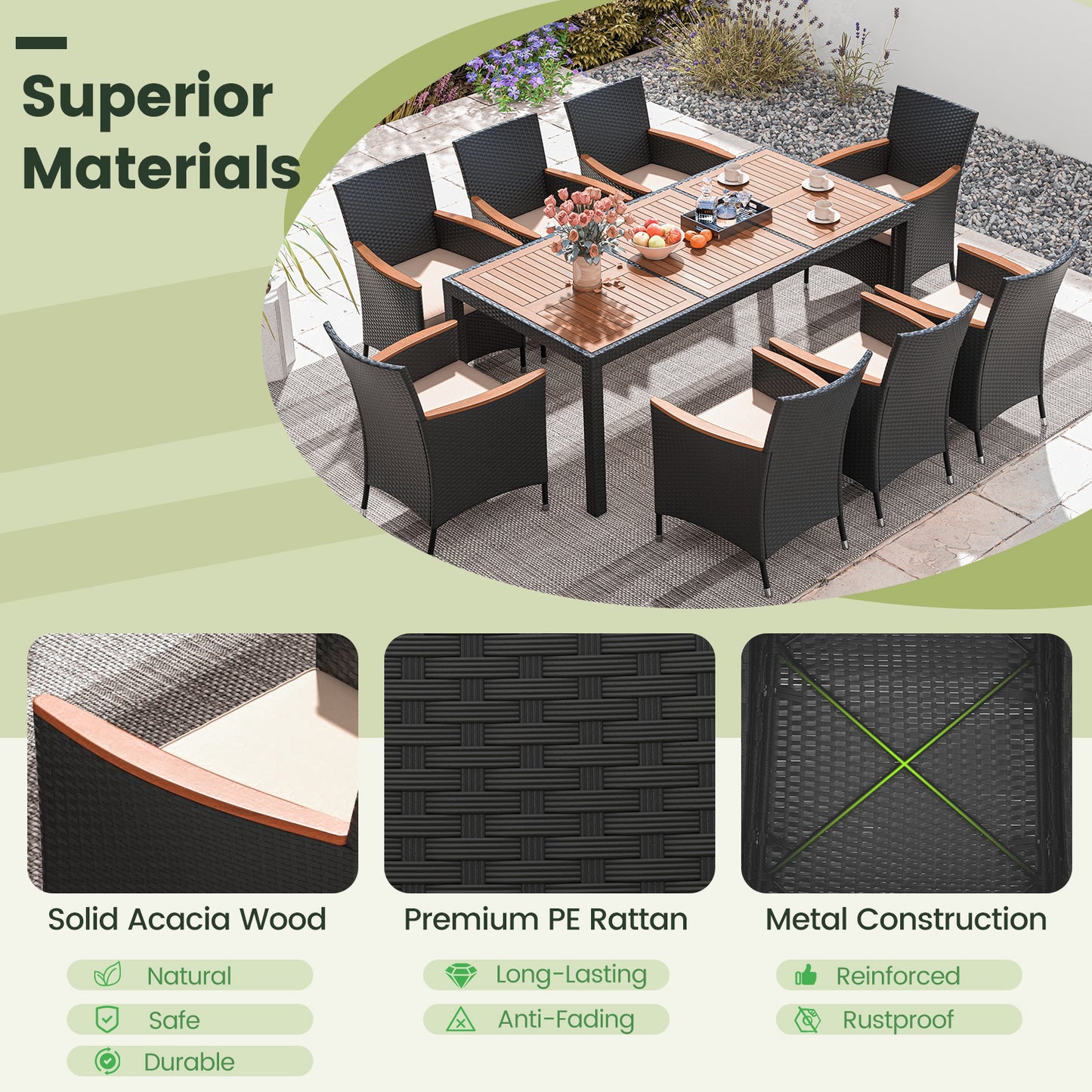9 Pieces Outdoor Dining Set with Acacia Wood Tabletop