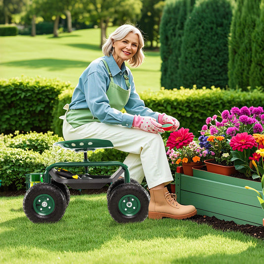 4-Wheel Rolling Garden Cart Work Seat-Green