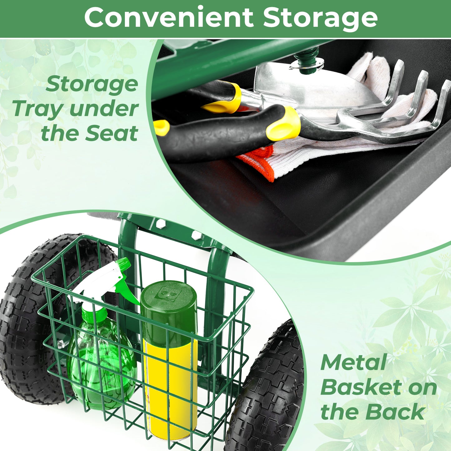 4-Wheel Rolling Garden Cart Work Seat-Green