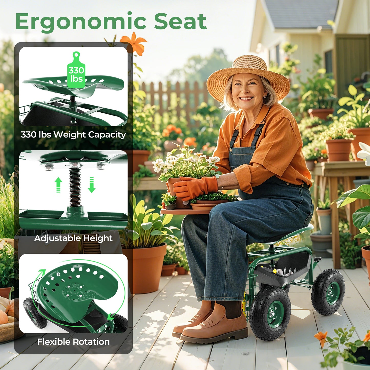 4-Wheel Rolling Garden Cart Work Seat-Green