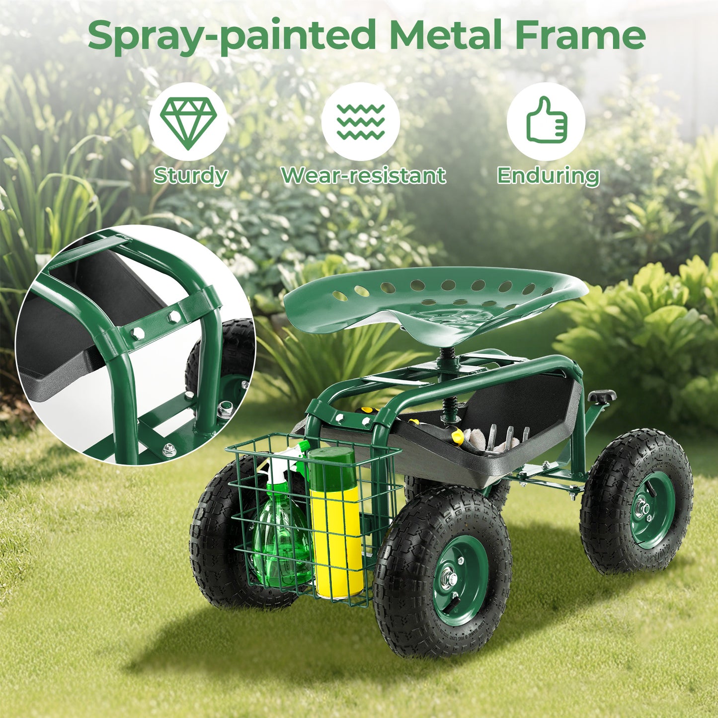 4-Wheel Rolling Garden Cart Work Seat-Green