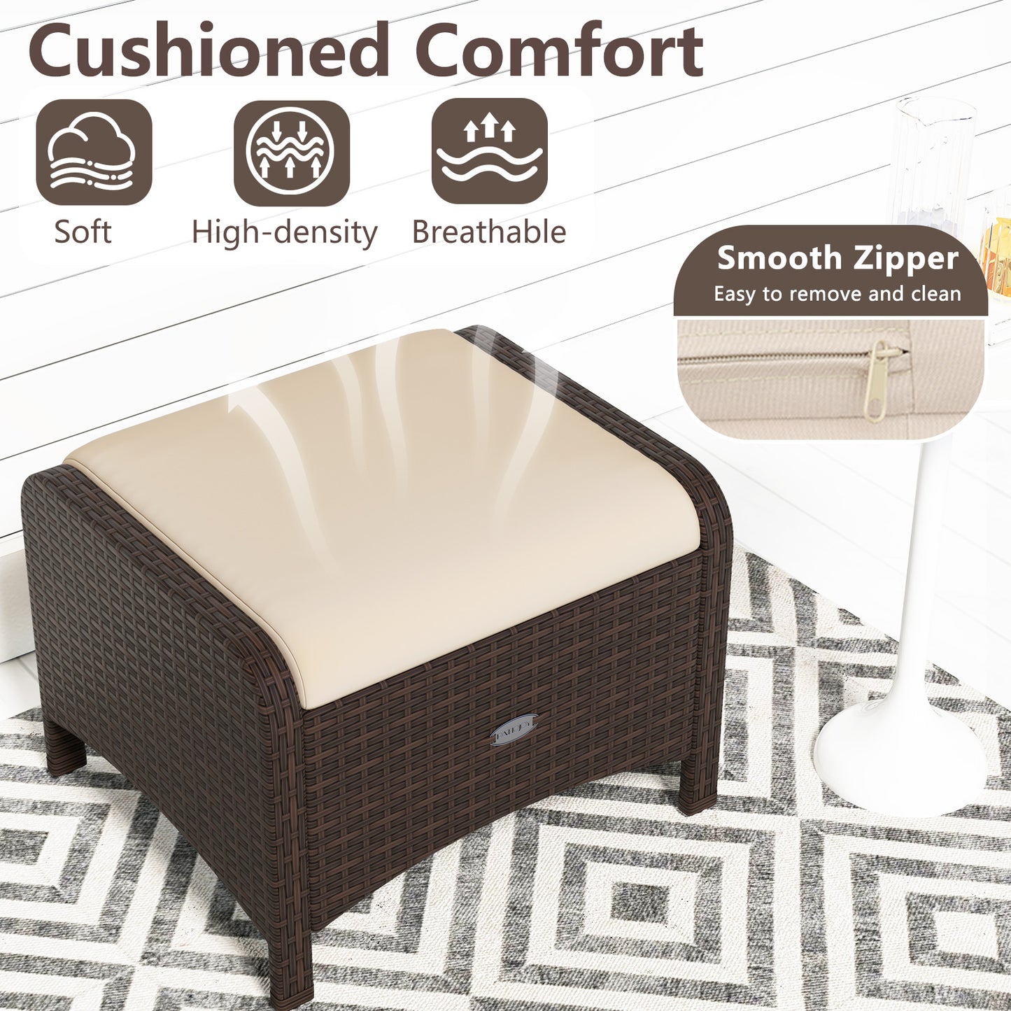 2 Pieces Outdoor Patio PE Wicker Ottomans with Removable Cushions-Beige