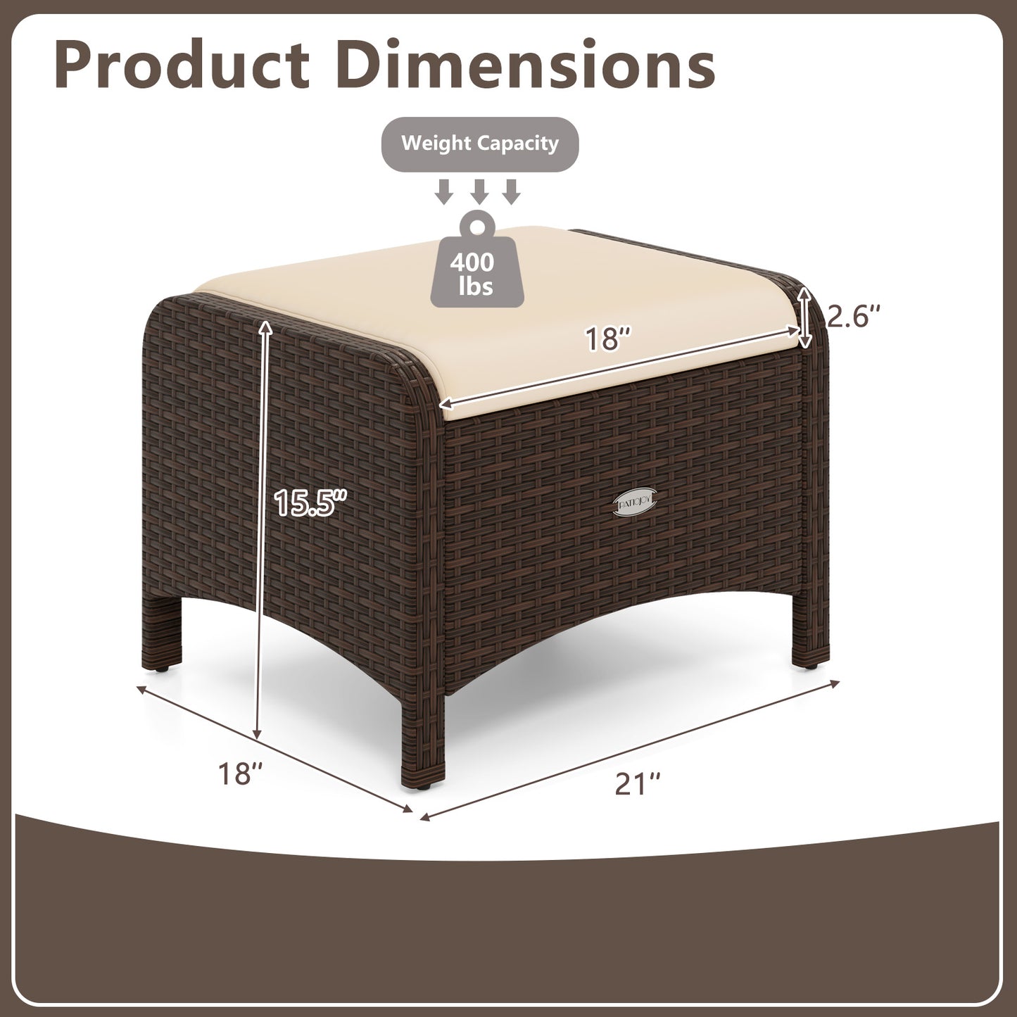 2 Pieces Outdoor Patio PE Wicker Ottomans with Removable Cushions-Beige