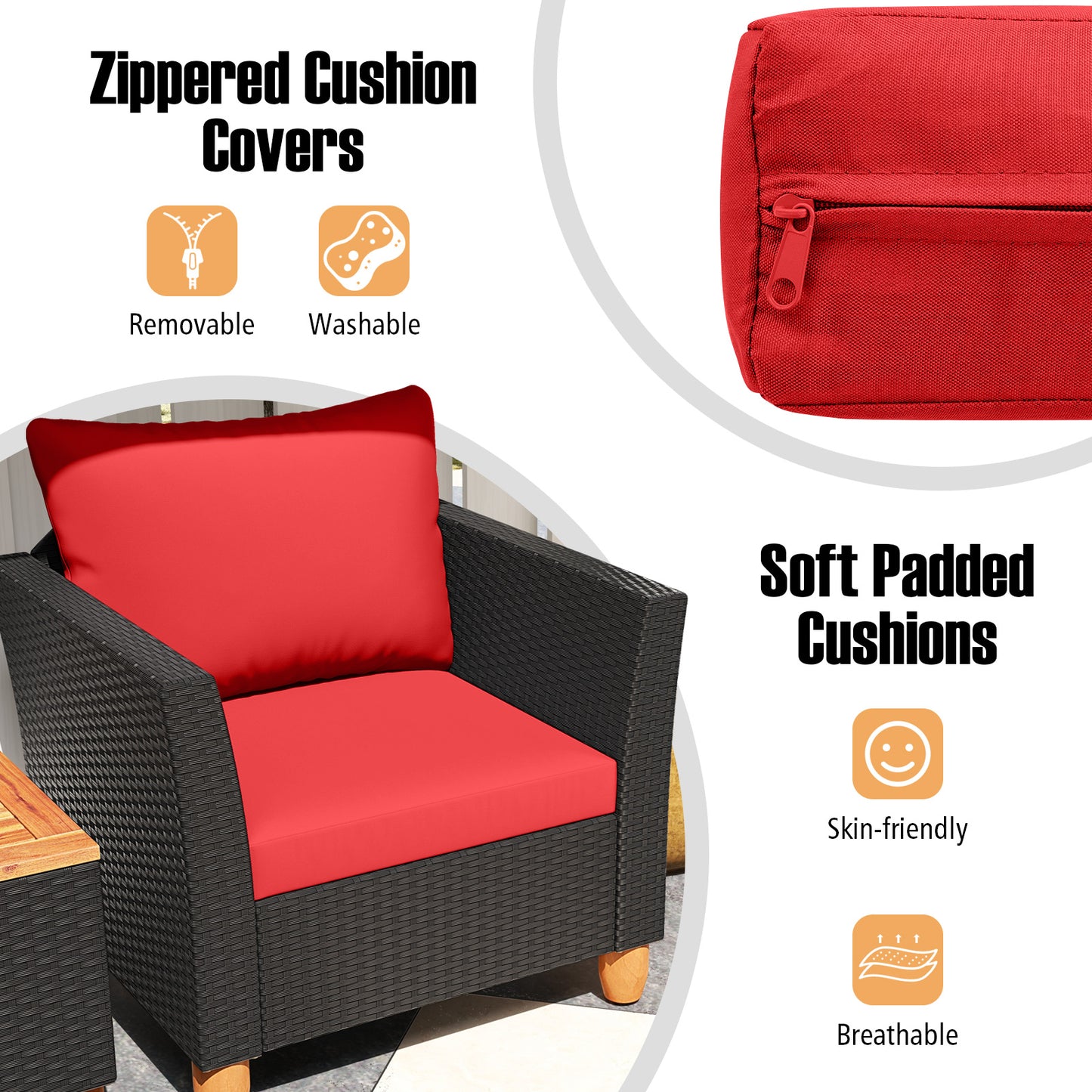 3 Pieces Outdoor Patio Rattan Furniture Set-Red