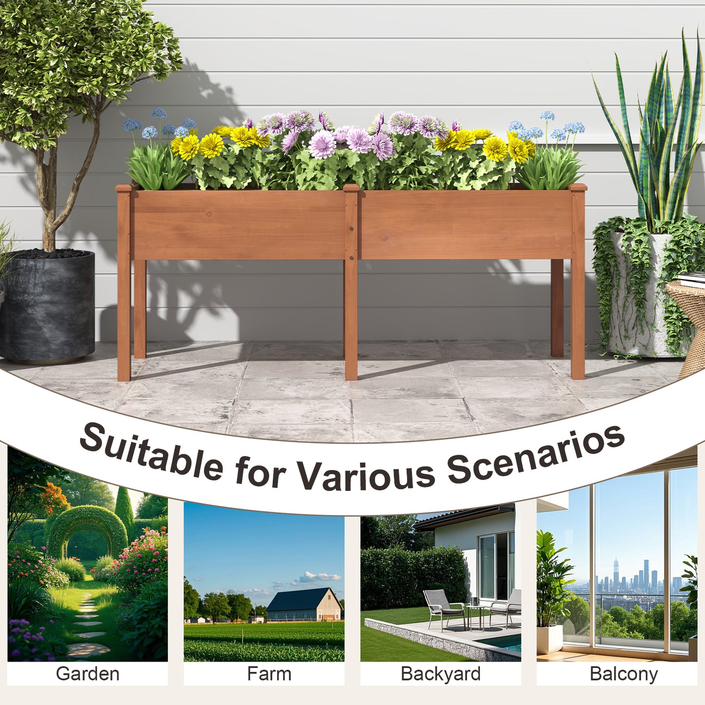 Large Raised Garden Bed with Drainage Holes and 6 Supporting Legs-Brown